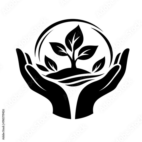 Black silhouette of hands cradling a growing plant with leaves inside a circular frame on white background