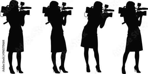 Female videographer silhouettes filming with professional video camera in different poses isolated on white background media production vector illustration