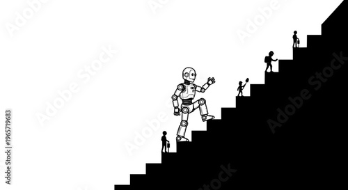 Robot climbing stairs with people vector illustration black white background digital