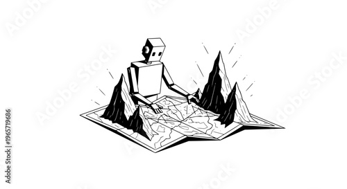 Robot on map with mountains vector illustration black and white line art