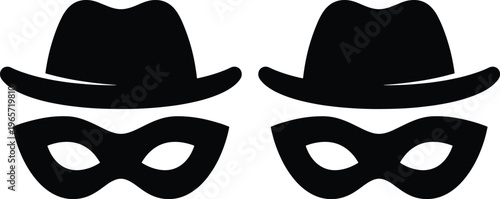 Black Spy Mask and Hat Vector Icons, Incognito Identity Disguise, Secret Agent or Thief Symbol, Anonymous Silhouette for Security and Privacy Concepts