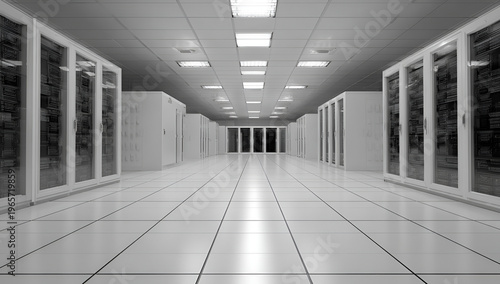 A grayscale perspective shot captures a long hallway in a data center. Servers line the sides. Bright overhead lights illuminate the floor