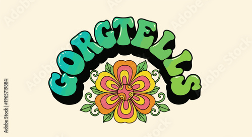 Psychedelic flower with bubble-style text in green and blue hues