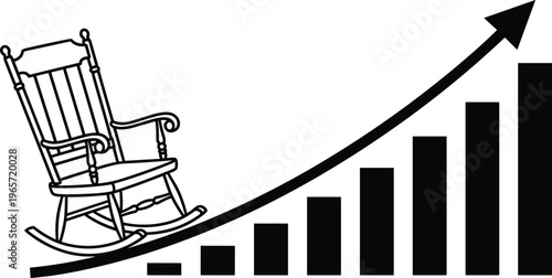 Rocking chair on rising financial growth bar chart with arrow, retirement savings and investment planning concept, isolated on white background (20 words)
