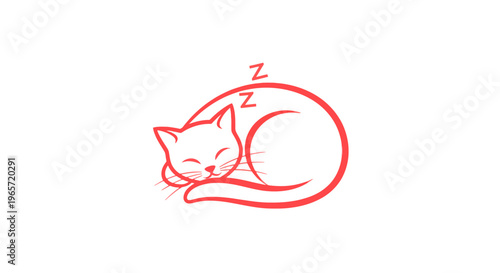 Minimalist red vector illustration of a cute sleeping cat curled up peacefully, napping kitten icon design