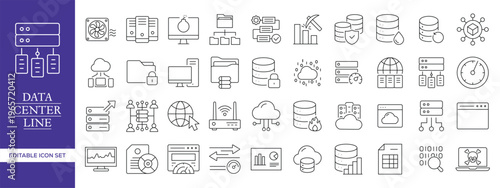 Data Center Line Icons Set – Cloud Computing, Server Network, Database, and Cyber Security Vector Collection