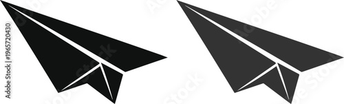 Black paper airplane icon set, two minimalist vector illustrations of folded paper aircraft, simple communication and message symbol for web and app design