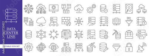 Data Center Line Icons Set – Cloud Computing, Server Network, Database, and Cyber Security Vector Collection