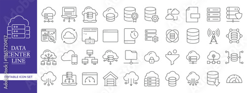Data Center Line Icons Set – Cloud Computing, Server Network, Database, and Cyber Security Vector Collection