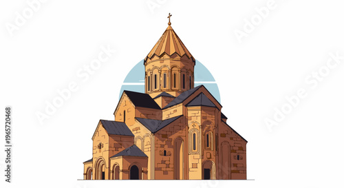 Pixelated stone church with a conical dome and a cross on top