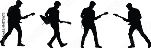 Silhouettes of four male guitarists playing electric guitars, dynamic poses, rock band performance, live music show, music entertainment illustration.