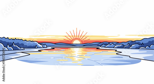 Pixelated winter landscape with sunrise reflecting on icy water