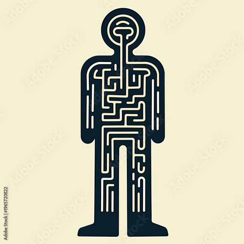 conceptual illustration of a human body silhouette featuring internal circuit patterns, symbolizing technology and data flow, for presentations, sites and blogs, with copy space