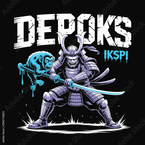 Cyberpunk samurai confronting a futuristic monster in battle stance isolated on white background, Vector, illustration