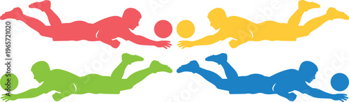 Volleyball player silhouettes, dynamic sports action vector set; colorful athletic figures diving for the ball, competitive team sport illustration for active lifestyle and fitness designs