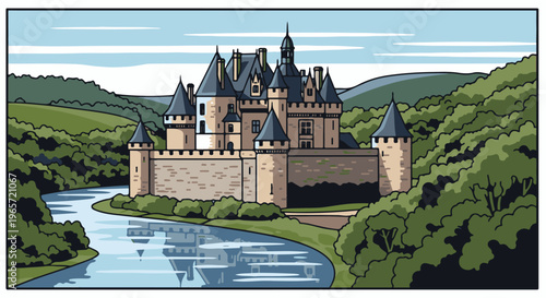 Pixelated medieval castle with multiple towers on a riverbank surrounded by trees