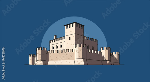 Pixelated medieval castle with crenellated walls and towers against blue sky