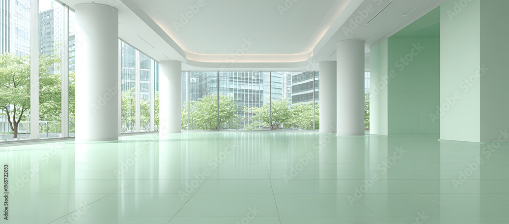 Fototapeta premium A bright, modern interior featuring a reflective floor, large windows showcasing trees and city skyscrapers, and a minimalist design