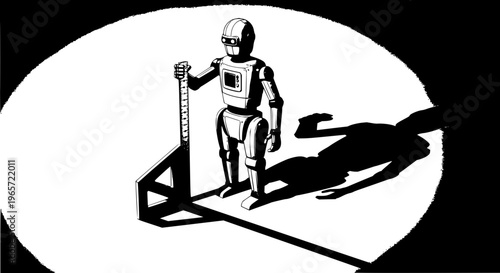 Robot measuring dog shadow on white background tape measure illustration vector