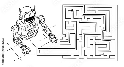 Robot navigating maze black and white vector illustration navigation puzzle labyrinth