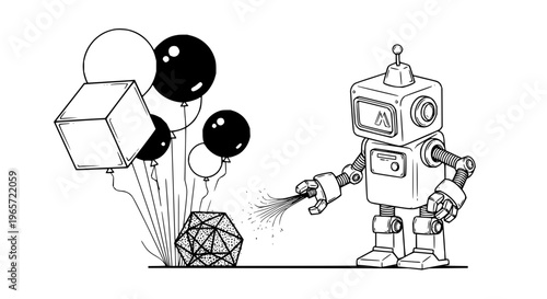 Robot spraying black balloons cube geometric shape illustration line art vector