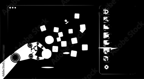 Robot arm dispersing white geometric shapes vector illustration dispersion black background