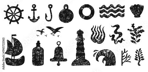 Black nautical elements. Pencil drawing sailboat, waves, bell, flying seagull and seaweeds. Underwater nature plants. Sea ocean adventures, vector grunge set