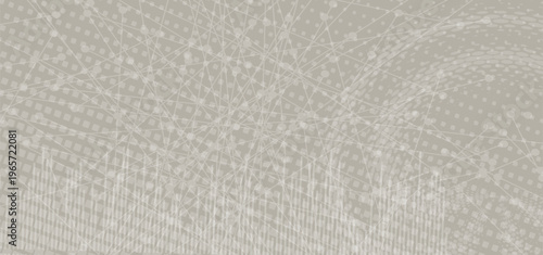 Abstract vector horizontal banner with halftone dots and geometric wave patterns. Minimalist tech background for web design, corporate identity, and digital marketing. Stylish gray and pastel tones