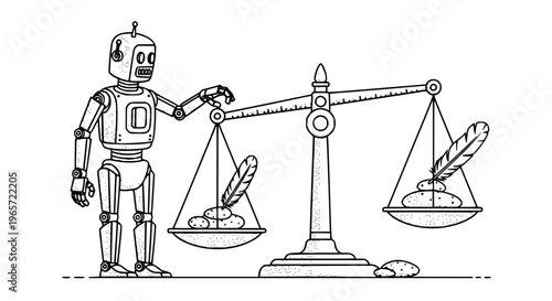 Robot balancing scales with quill pens balance justice equality law technology