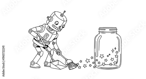 Robot sweeping stars into jar vector illustration line art black and white