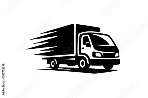 Black silhouette of a speeding delivery truck on a white background, conveying motion and urgency in logistics and transportation.