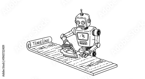 Robot pressing timeline vector illustration black and white line art cartoon machine