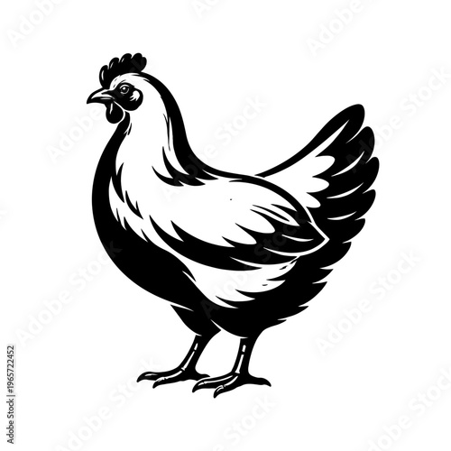 A black and white illustration of a standing rooster with raised tail feathers on a plain background