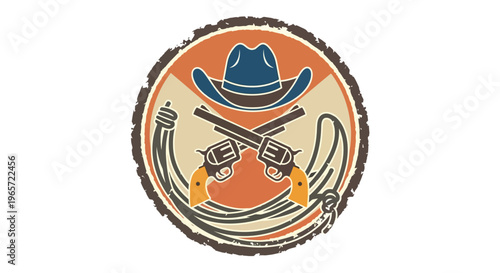 Western cowboy hat, lasso rope, and revolver badge, rustic emblem, vector icon