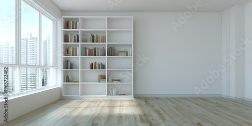 Modern interior with large window and built-in bookshelf filled with books, providing ample natural light and a clean aesthetic