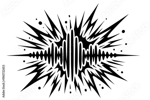 Black and white sound wave explosion graphic illustration with sharp spikes and dots on a plain background for audio and music concepts