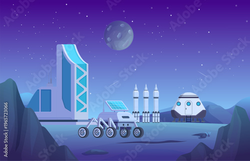 Scientific interplanetary research base. Futuristic buildings, intergalactic rockets for space travel. Another planet, fantastical world of future vector illustration