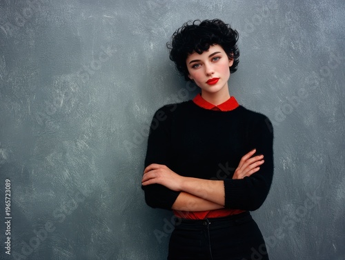 Young woman with short curly hair standing, grey textured wall, confident bold minimalist fashion