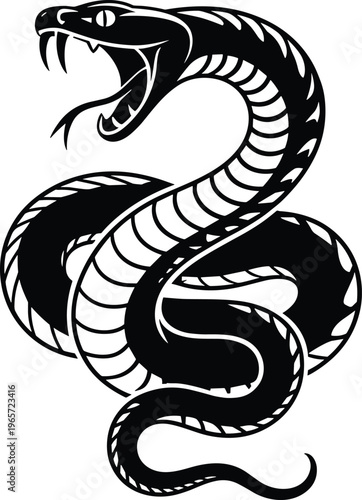 Fierce cobra snake illustration coiled and striking, bold black and white venomous reptile artwork isolated on white background for tattoo design, logos, emblems, and stock graphics