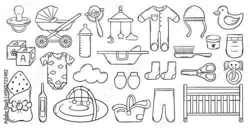 Babies accessories doodle style. Newborn icons, nursery childhood elements. Toddler clothes, diaper, toys. Baby shower, motherhood, childcare, neoteric vector clipart