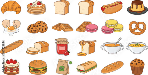 Variety of Breakfast and Snack Food Icons Including Pancakes, Sandwiches, Cookies, Soup, and Sweets