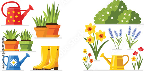 Gardening and Plant Care Illustration Set Featuring Watering Cans, Potted Plants, Yellow Boots, and Flower Beds Vector Collection