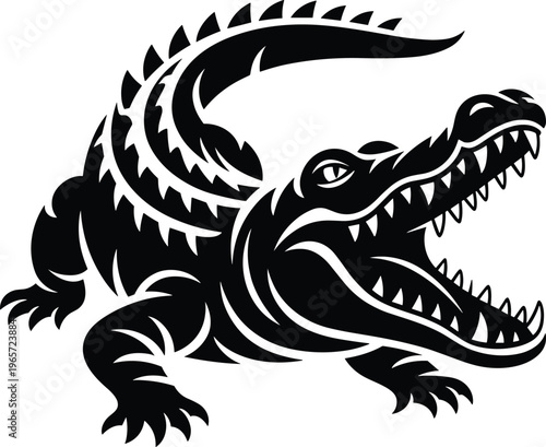 Fierce crocodile illustration with open jaws, bold black and white reptile predator artwork isolated on white background for logos, tattoos, mascots, and stock graphic design
