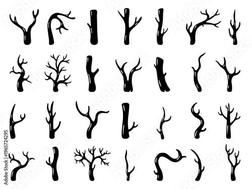 Doodle wooden branches. Rustic tree sticks, dry branch and logs. Wood silhouettes, black firewood clipart. Natural stick, autumn forest nature neoteric vector set