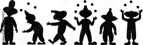 Silhouette of Clowns Juggling, Circus Performers in Different Poses and Actions