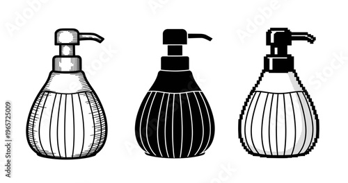 Set of liquid soap dispensers: vintage, silhouette, pixel art styles