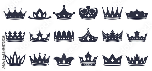 Crown black icons. Crowns, diadems and tiaras silhouettes. Royal monarchy symbols for emblem, invitation, print, postcards. Decorative sapid vector elements