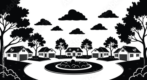 Black and white suburban neighborhood landscape with houses, trees, clouds, and a cul-de-sac street for real estate, family community, and housing concepts.