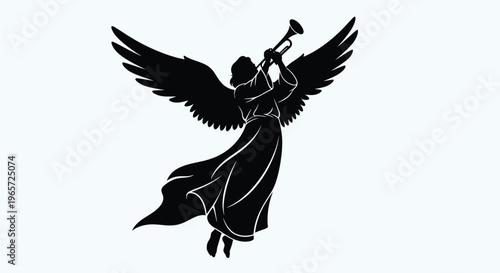 Angel silhouette, winged heavenly being, black illustration, trumpet player, religious icon