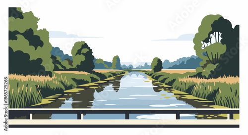 Serene canal waterway bordered by lush greenery and golden reeds under a cloudy sky